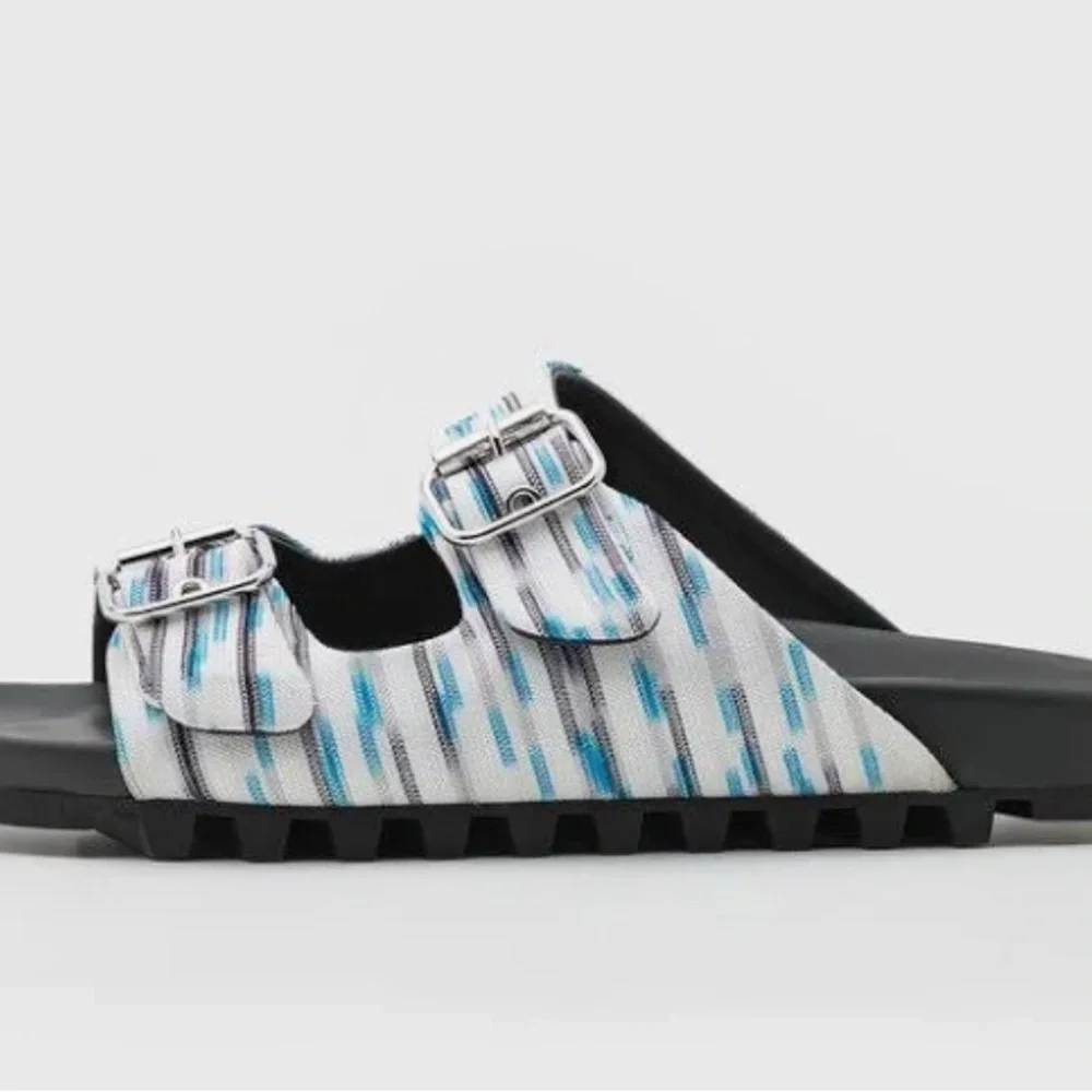 Missoni Mens 2 strap double Buckle Sandals - Black, Blue, and White/ slides slip